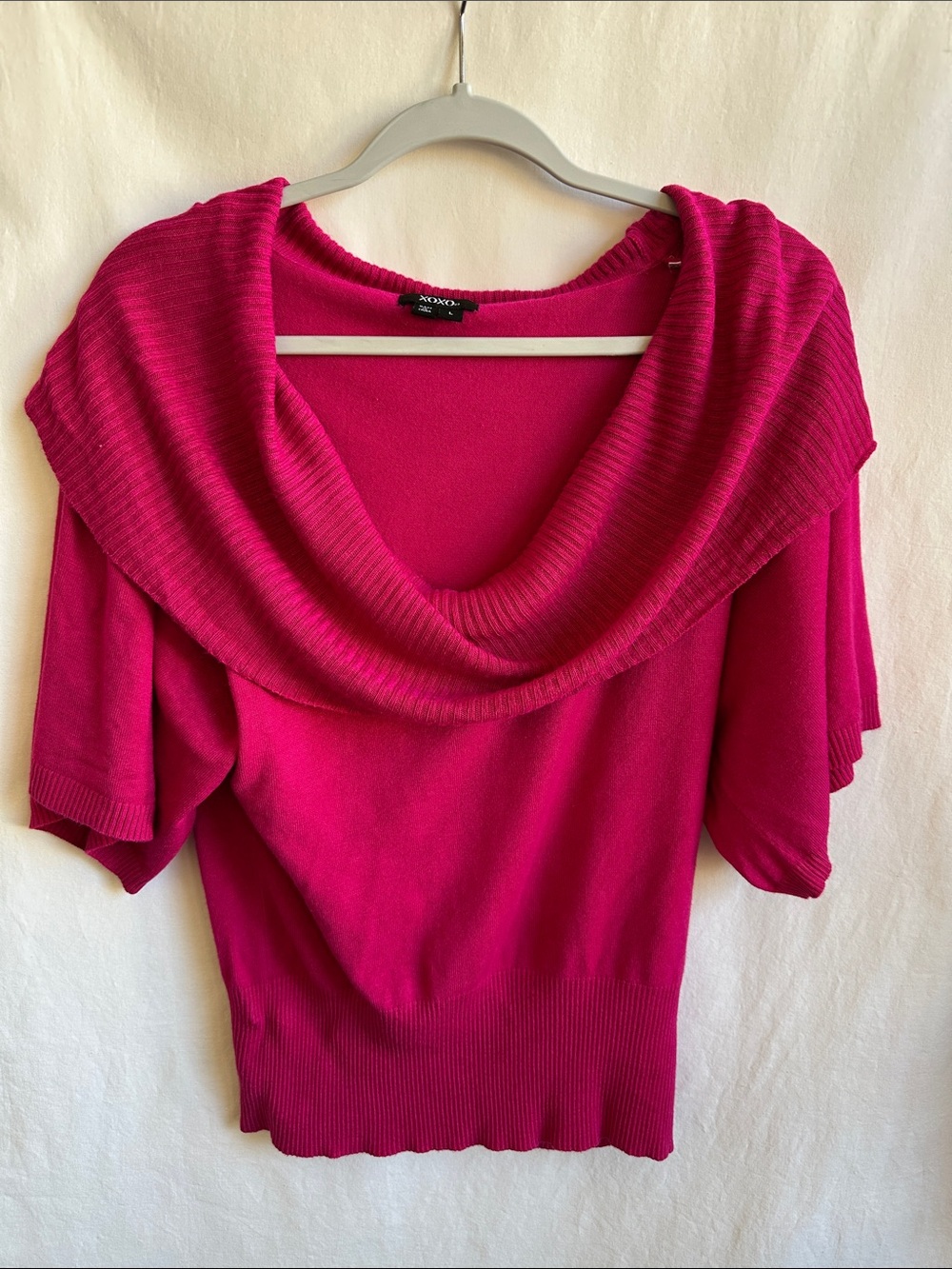 Vintage Y2K XOXO hot pink short-sleeve draped cowl neck sweater, size L